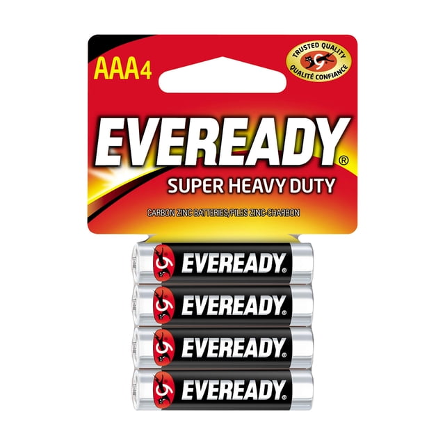 batería eveready super heavy duty aaa, paquete de 4 pilas AAA en blister frontal; cuatro baterías alineadas con cuerpo negro y terminales plateados, logotipo Eveready blanco y sello rojo en el extremo, empaque rojo y amarillo con texto "SUPER HEAVY DUTY" visible. Su tamaño AAA las hace adecuadas para controles remotos y accesorios electrónicos pequeños.