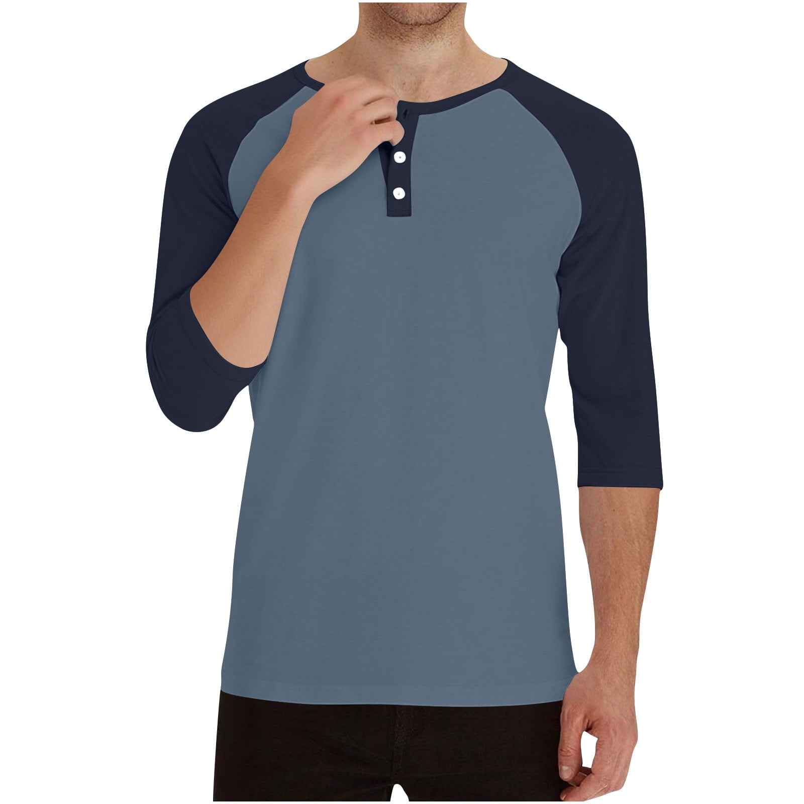 RYRJJ Henley Shirts for Men Raglan 3/4 Sleeve Baseball T-Shirts Color Block Summer Casual Cotton Sport Athletic Tee Tops(Black Blue,XXL)