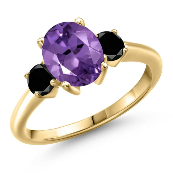 Gem Stone King 10K Yellow Gold Purple Amethyst and Black Diamond Engagement Ring for Women | 2.14 Cttw | Oval 9X7MM | Gemstone February Birthstone | Size 9