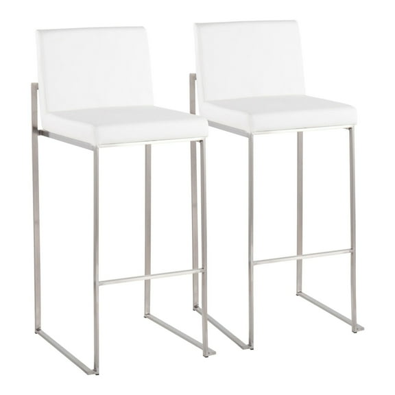 Fuji Contemporary High Back Barstool In Stainless Steel And White Faux Leather - Set Of 2