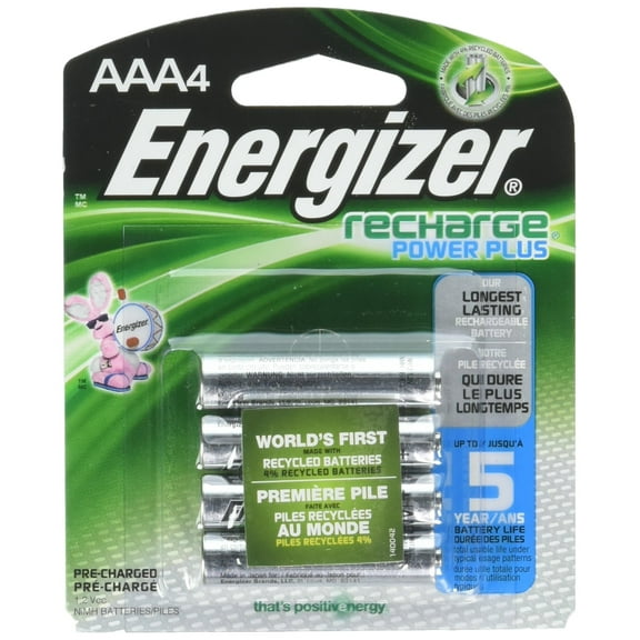 Energizer Rechargeable AAA Batteries, NiMH, 800 mAh, Pre-Charged, 4 Count (Recharge Power Plus) (Pack of 1)