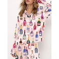thumbnail image 3 of Women Champagne Bottle Pajamas Long Sleeve Wine Glasses Print Button Down Shirt Pants 2 Piece Satin Silk Set, 3 of 5