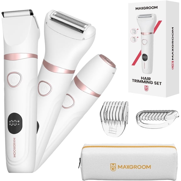 Bikini Trimmer for Women, Electric Razors for Women Cordless, Rechargeable Waterproof 3 in 1 Pubic Hair Trimmer for Women, LED Display, Electric Bikini Razor for Ladies Pubic, Body, Face, Legs