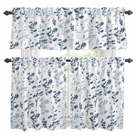 Blue Botanical Kitchen Curtains Sets for Windows 36 Inch Length, Watercolor Spring Floral Summer Leaf Rod Pocket Window Treatments Tier Curtains and Valances Set for Bedroom/Bathroom
