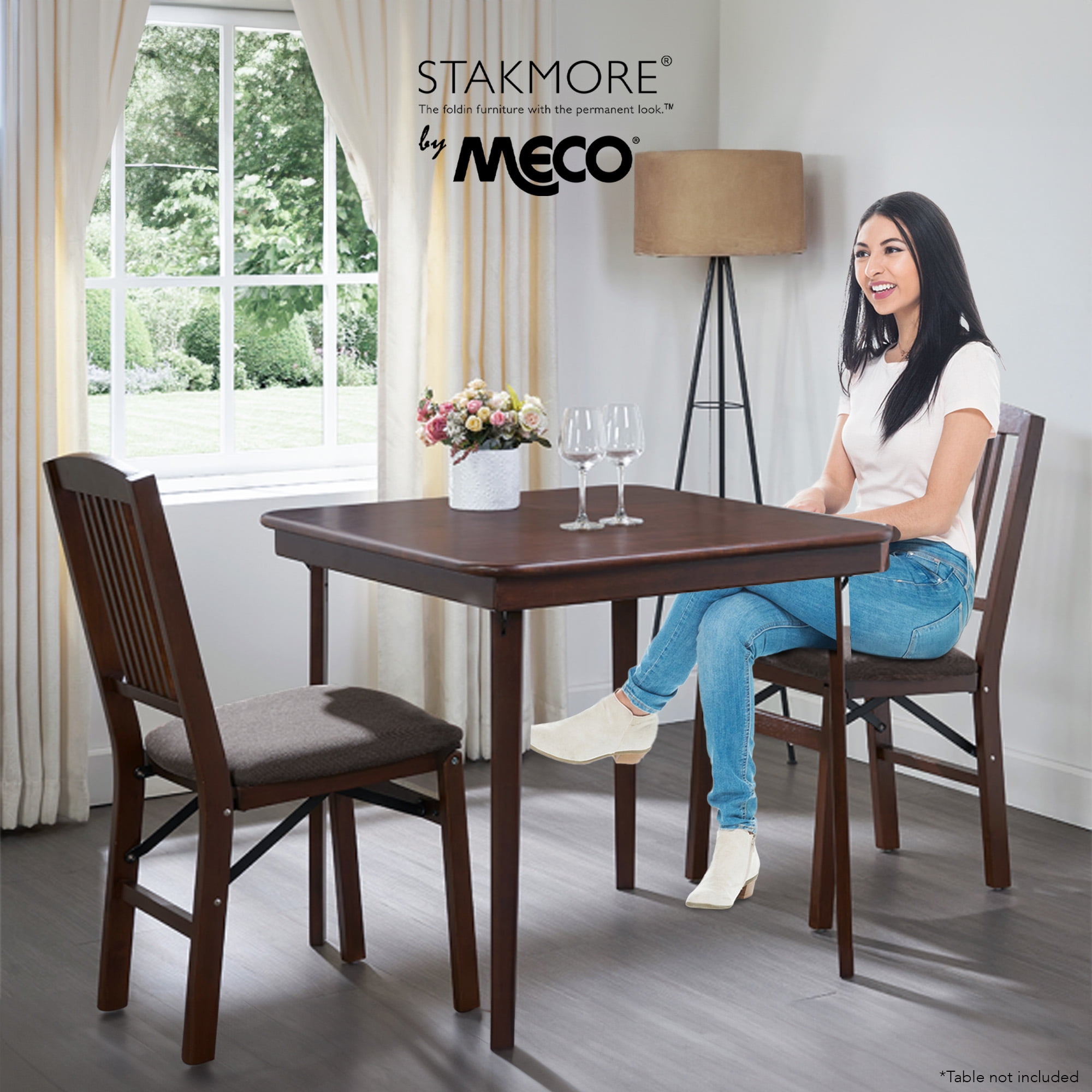MECO Stakmore Mission Folding Chairs - Solid Wood Dining Chairs With Fabric Seats (2 Pack)