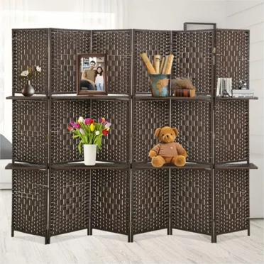 XF XINFENG 6-Panel Room Divider and Folding Privacy Screen with Display Shelves 6 ft Wood, Decorative Screen Freestanding Office Temporary Wall Divider Diamond Room Partition, Brown