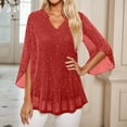 thumbnail image 2 of PMVFHDE Women Fashion Double Layer Thread Mesh Top Flared Three Quarter Sleeve V Neck Loose Fit Blouse For Summer Summer Tops For Women RD1, 2 of 4