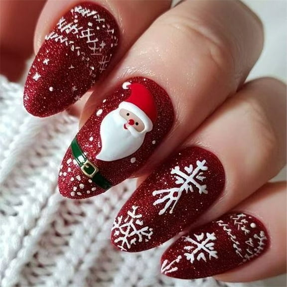 Christmas Holiday Red Sparkling Artificial Nail 24Pcs Santa Snowflake Nail