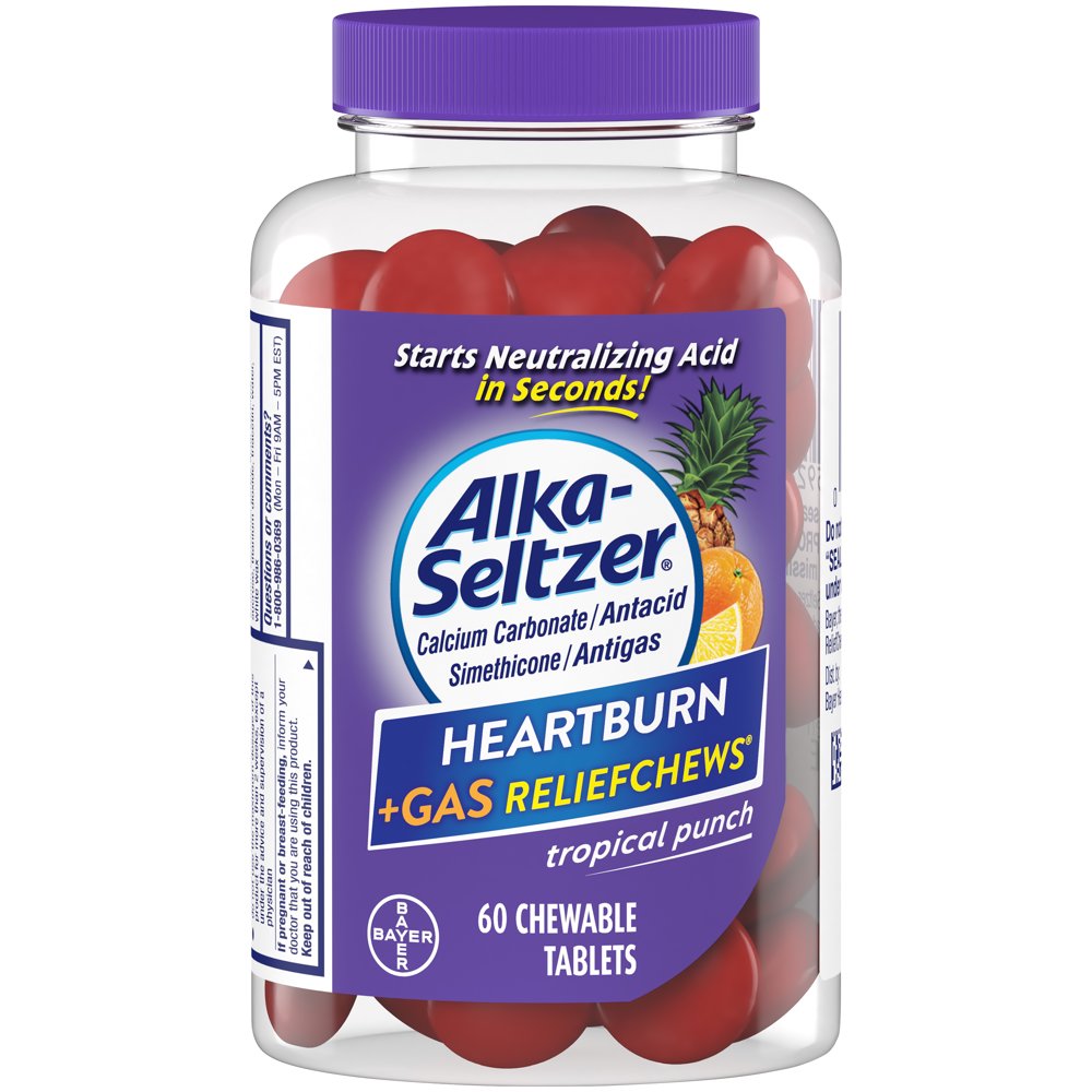 Alka Seltzer Heartburn Relief + Gas Relief Chews, Tropical Punch 60 Ct
