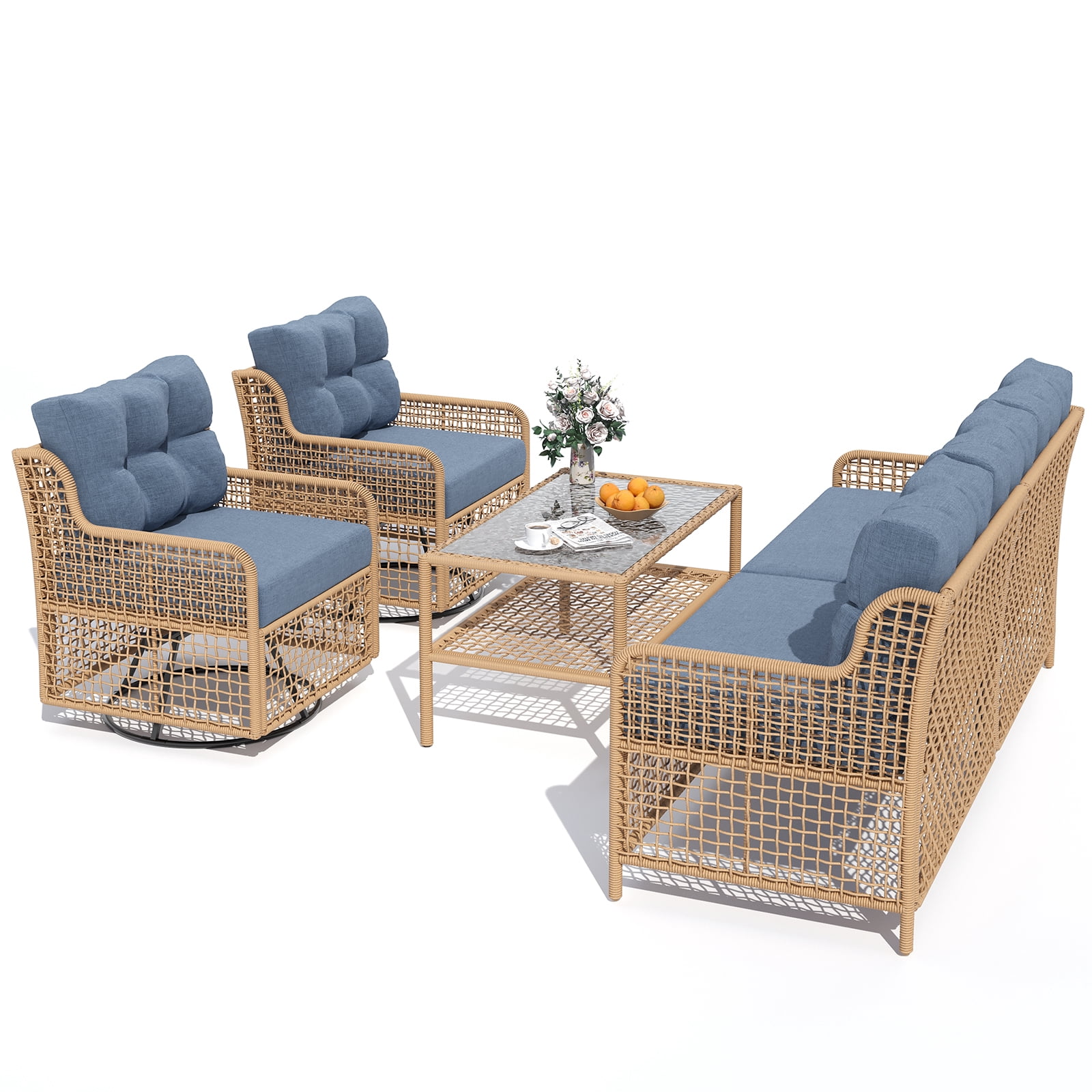 ELPOSUN 5-Seat Outdoor Patio Furniture Set, Wicker Rattan Outdoor Furniture Set with Swivel Chairs & All-Weather Thickened Cushions for Garden, Porch, Backyard, and Poolside, Denim Blue