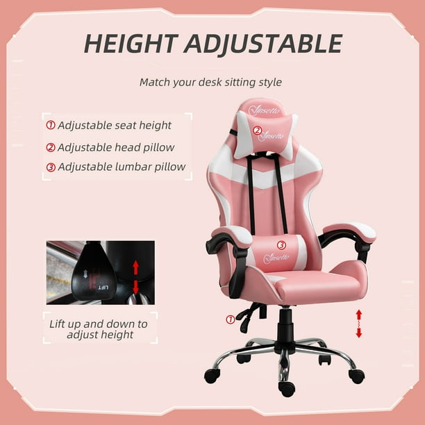 Vinsetto Chaise de jeu avec soutien lombaire, oreiller de tête, chaise de  bureau gamer inclinable à dossier haut pivotant pour bureau, rose 