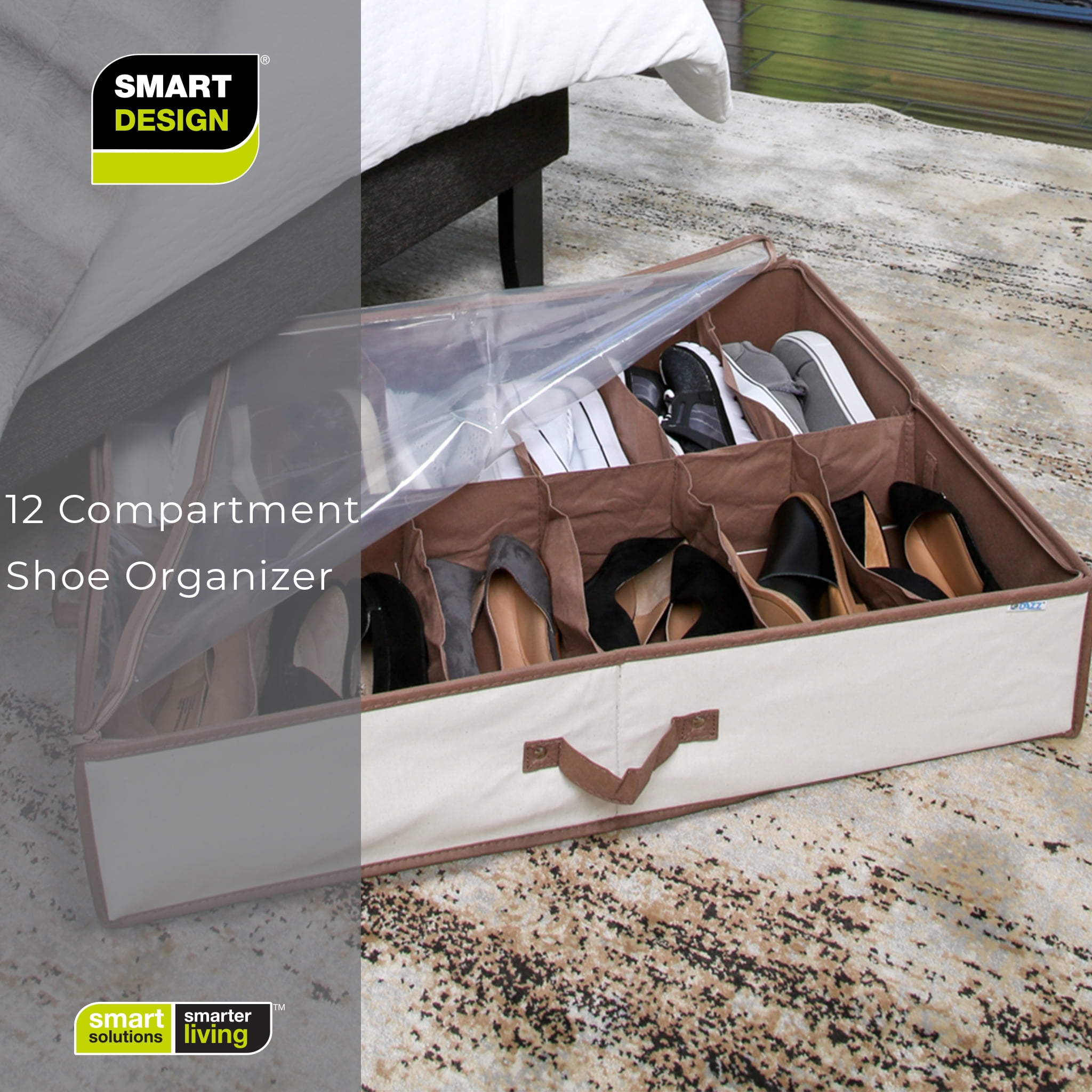 Smart Design Under the Bed 12 Compartment Shoe Organizer Storage Bag - Holds 12 Pairs of Shoes - 30 x 6 inch - Canvas- Sold in a set of 3