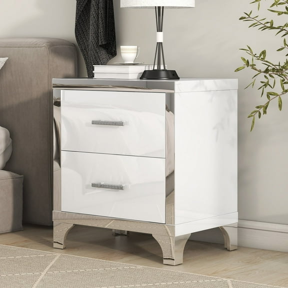 Nightstand for Bedroom Elegant High Gloss Nightstand with Metal Handle,Mirrored Bedside Table with 2 Drawers for Bedroom,Living Room,White,Wooden Nightstand