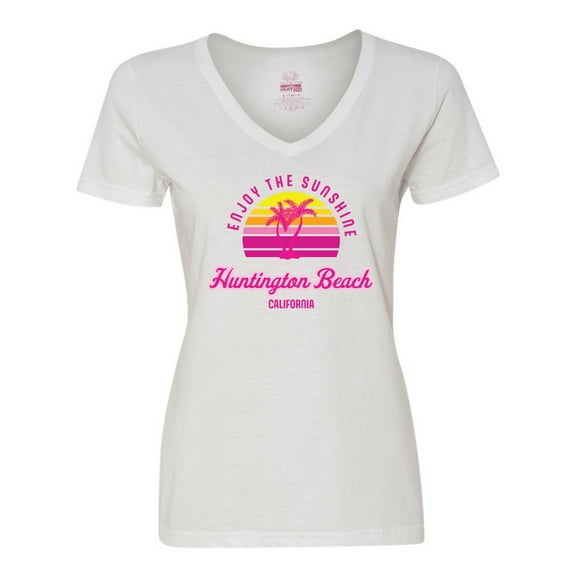 Inktastic Summer Enjoy the Sunshine Huntington Beach California Pink Women's V-Neck T-Shirt