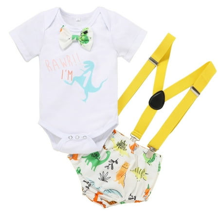 

B91xZ First Birthday Boy Outfit Romper Outfits Boys Baby Shorts Suspender Bow Tie Set Gentleman Dinosaur Boys White Size 12-18 Months