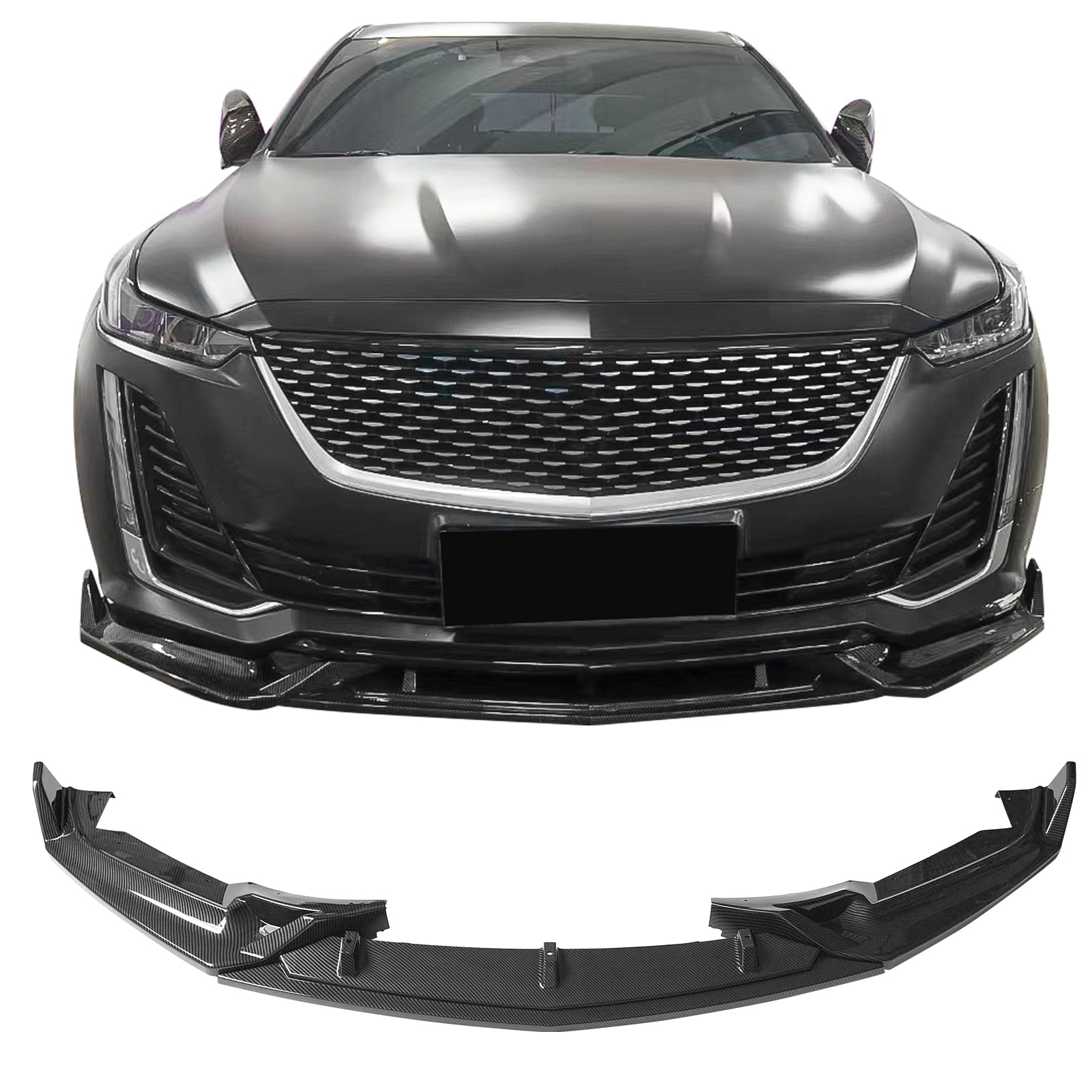 Ikon Motorsports Compatible with 2020-2024 Cadillac CT5 Premium Luxury/Luxury 3PCS Front Bumper Lip IKON Style PP Carbon Fiber Print