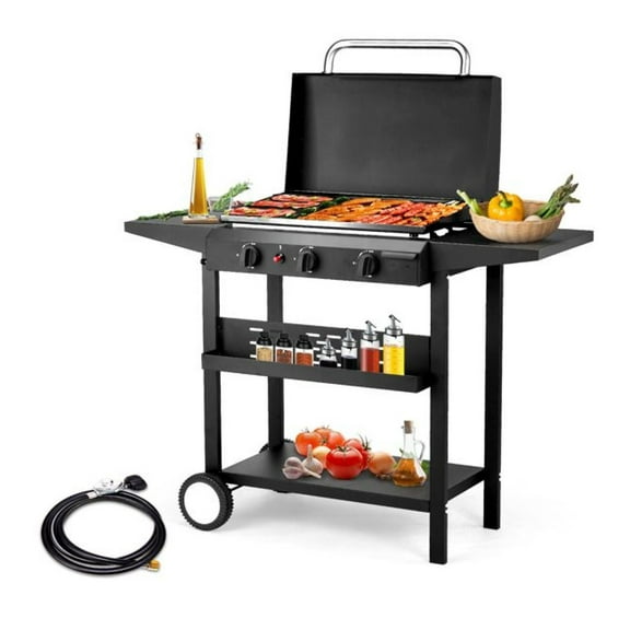 3-Burner Gas Griddle, Flat Top Station for Outdoor Cooking, 30,000 BTU Propane Griddle with Side Shelves & Spice Rack, Cast Iron Ceramic Coated, Backyard BBQ