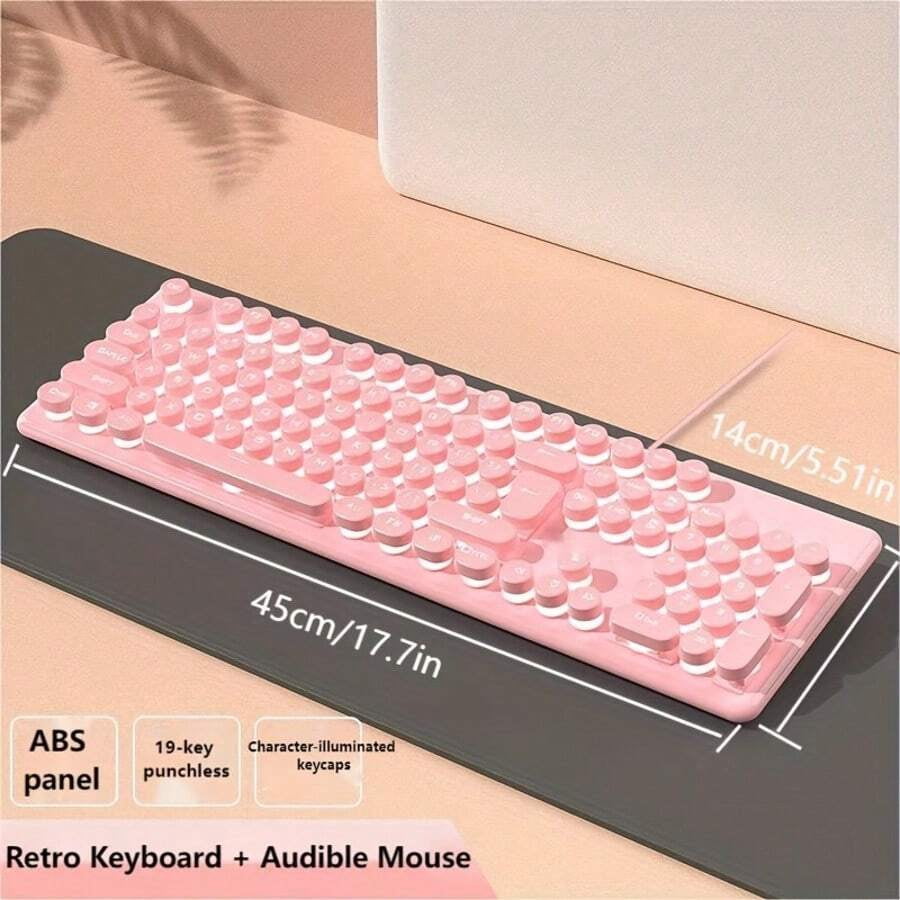 Cute Pink Retro Round Keycap Wired Keyboard, Backlit Gaming Office Keyboard For PC Laptop /Windows
