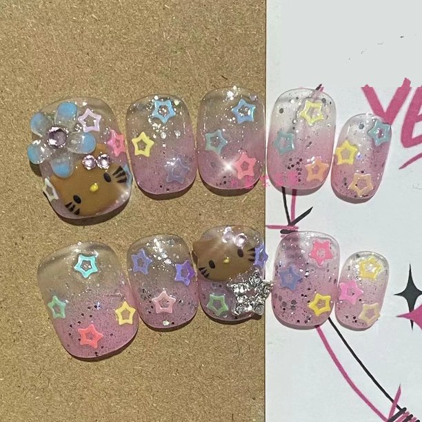 Uñas artificiales hechas a mano, manicura artística de Hello Kitty, Web de pato, moda Individual, uñas lindas, prensa en Y2K, 2023