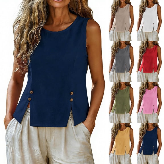 Smsaxvxz Womens Cotton Linen Tank Tops Summer Fashion Crew Neck Sleeveless Casual Solid Loose Slit Hem Button Shirts