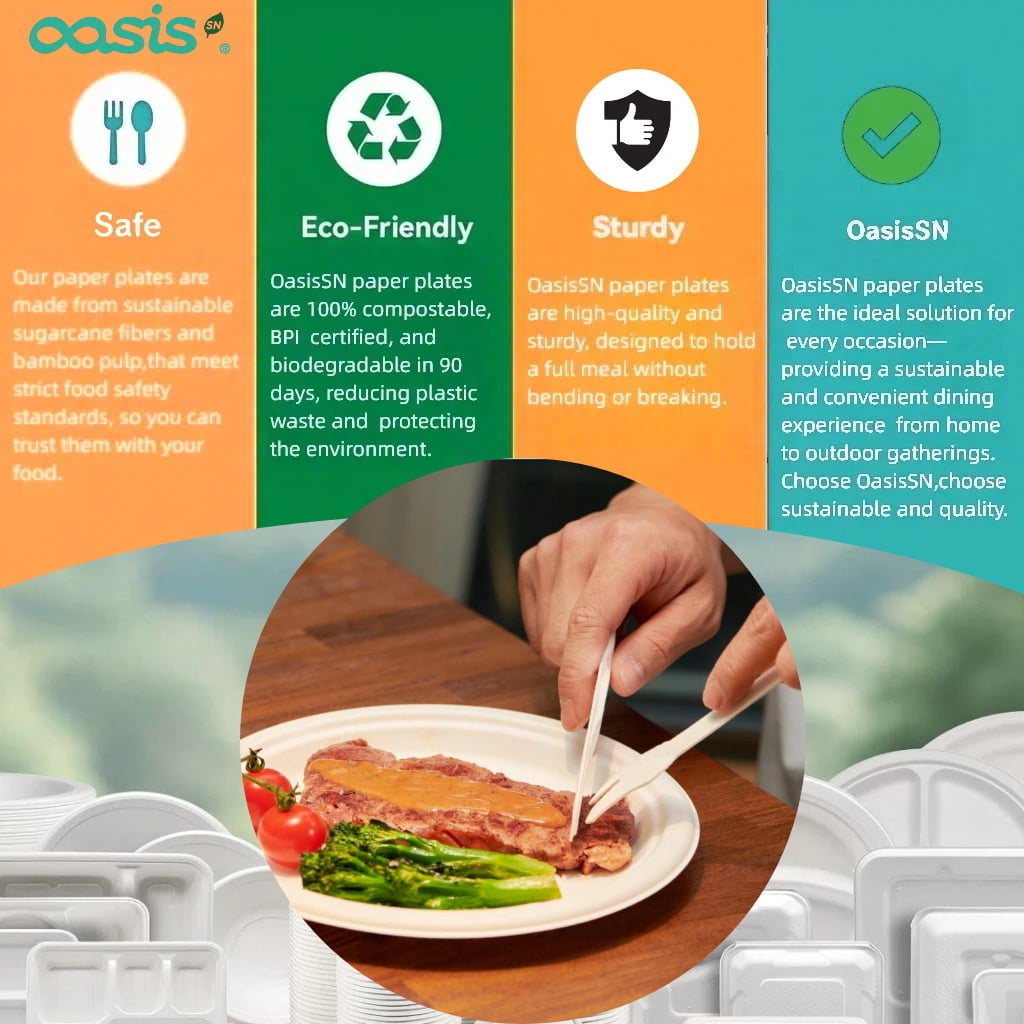 10in Paper Plates,OasisSN 150 Pack Disposable Heavy Duty Paper Plates,Biodegradable Bagasse Compostable Round Plates,Eco-Friendly Disposable Dinner Plate for BBQ,Picnic,Party,Big Game