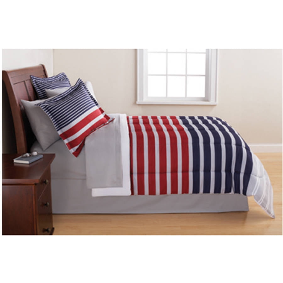 Mainstays 68 Piece Red and Blue Stripe Bed in a Bag with Sheets, King