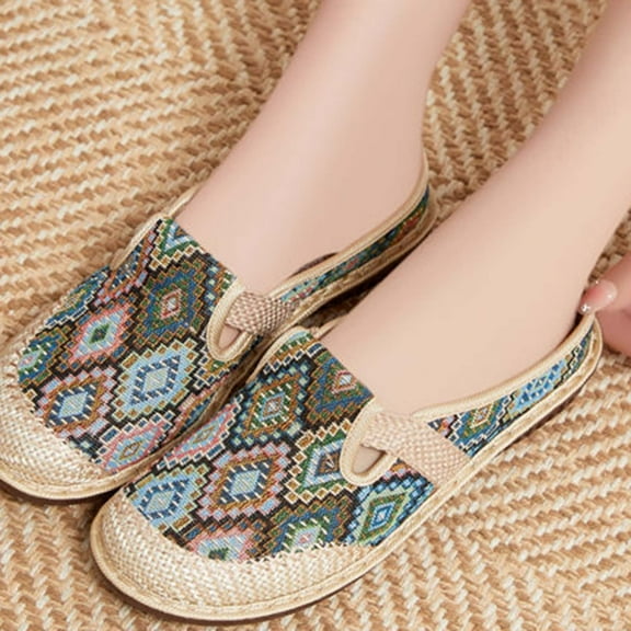 Women's Slippers Fashion Embroidered Linen Shoes Half-Slip Toe Slipper Daily Casual Home Outdoor Cotton Shoe