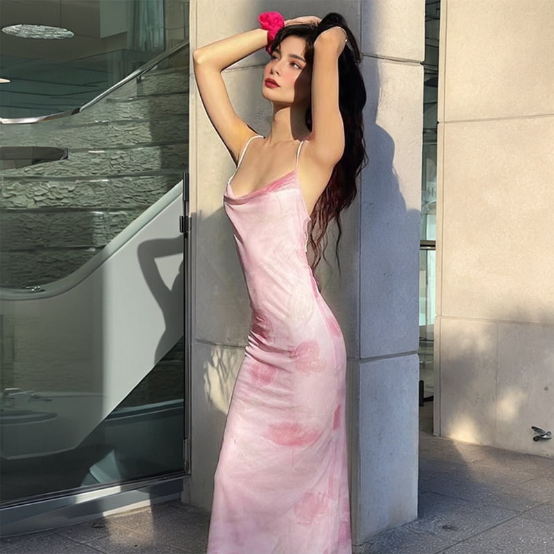 Women'S Floral Ruched Bodycon Midi Dress Mesh Fishtail Summer Wedding Guest Cocktail Going Out Dresses 2025 Pink L