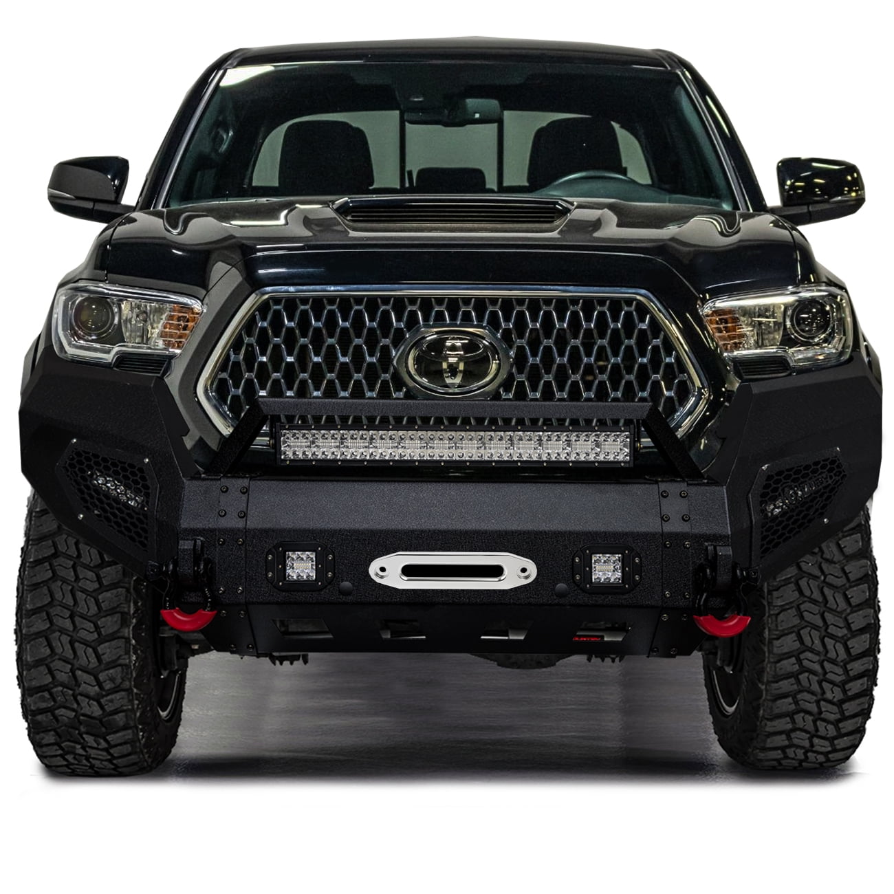 Vijay Compatible with 2016-2017-2018-2019-2020-2021-2022-2023 Toyota Tacoma Front Bumper Textured Black Steel with Lights and D-rings