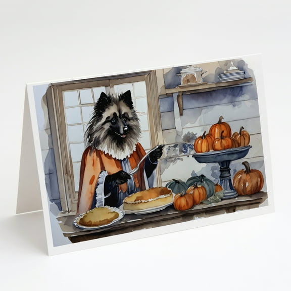 Keeshond Fall Kitchen Pumpkins Greeting Cards and Envelopes Pack of 8 7 in x 5 in