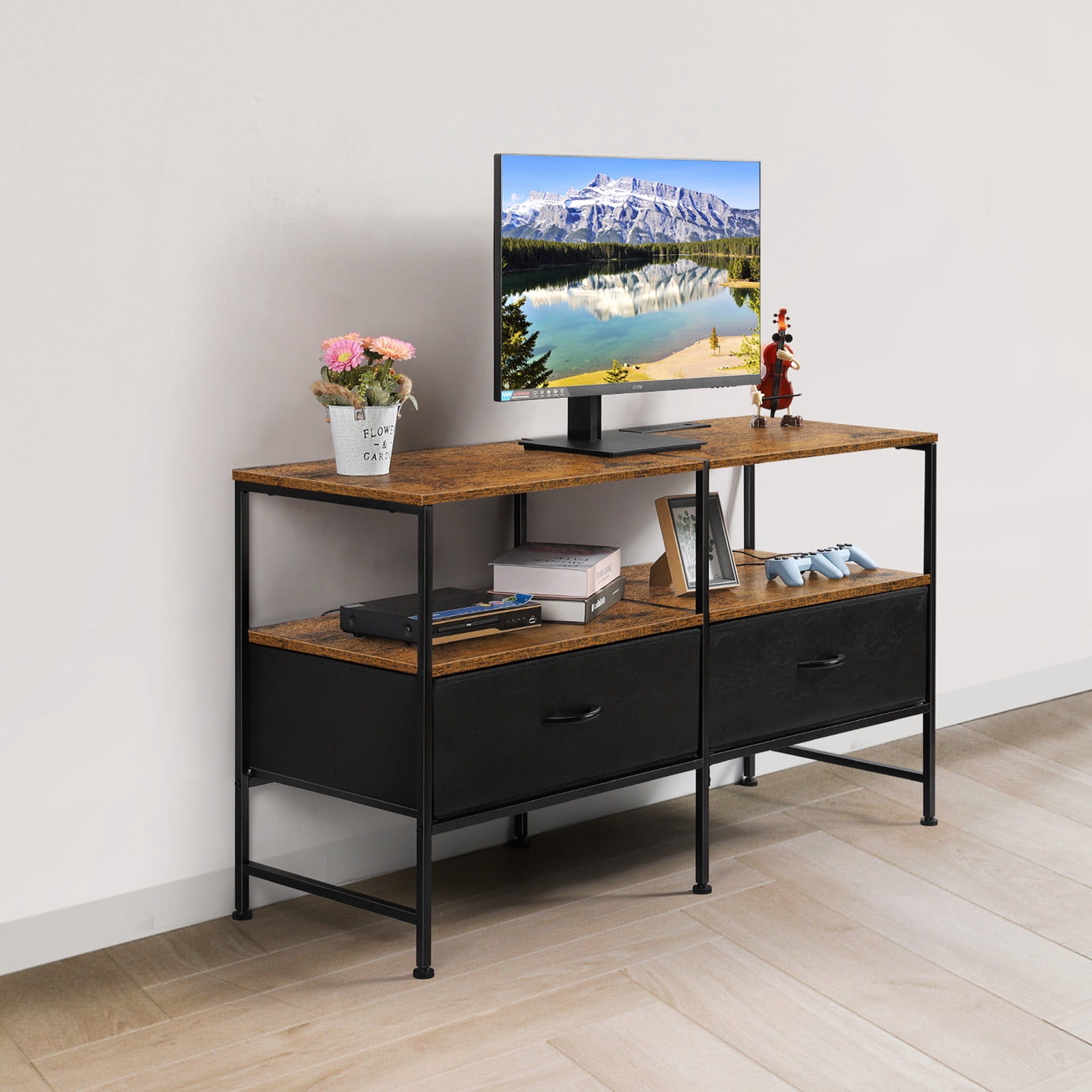 25"H Raised TV Stand Industrial TV Stand with Fabric for Living Room, Bedroom with Charging Stake Brown