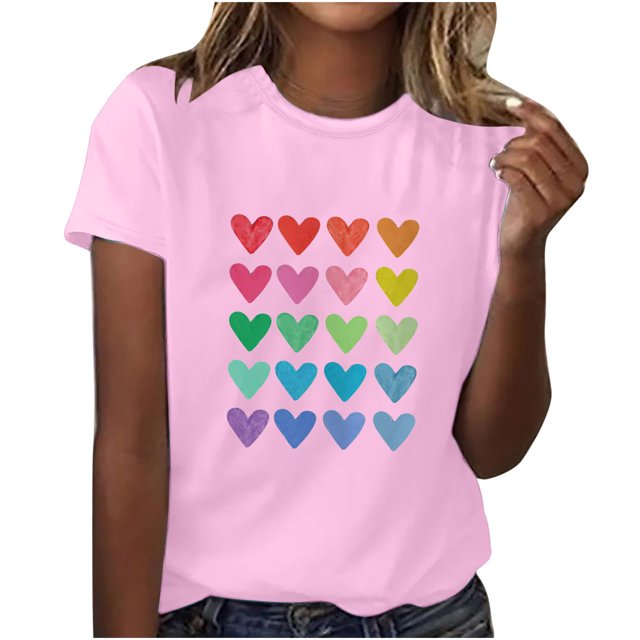 Diufon Hauts de la Saint-Valentin pour Femmes Décontracté Manches Courtes Col Rond Chandail Chemise Imprimé Graphique Mignon Tendance
