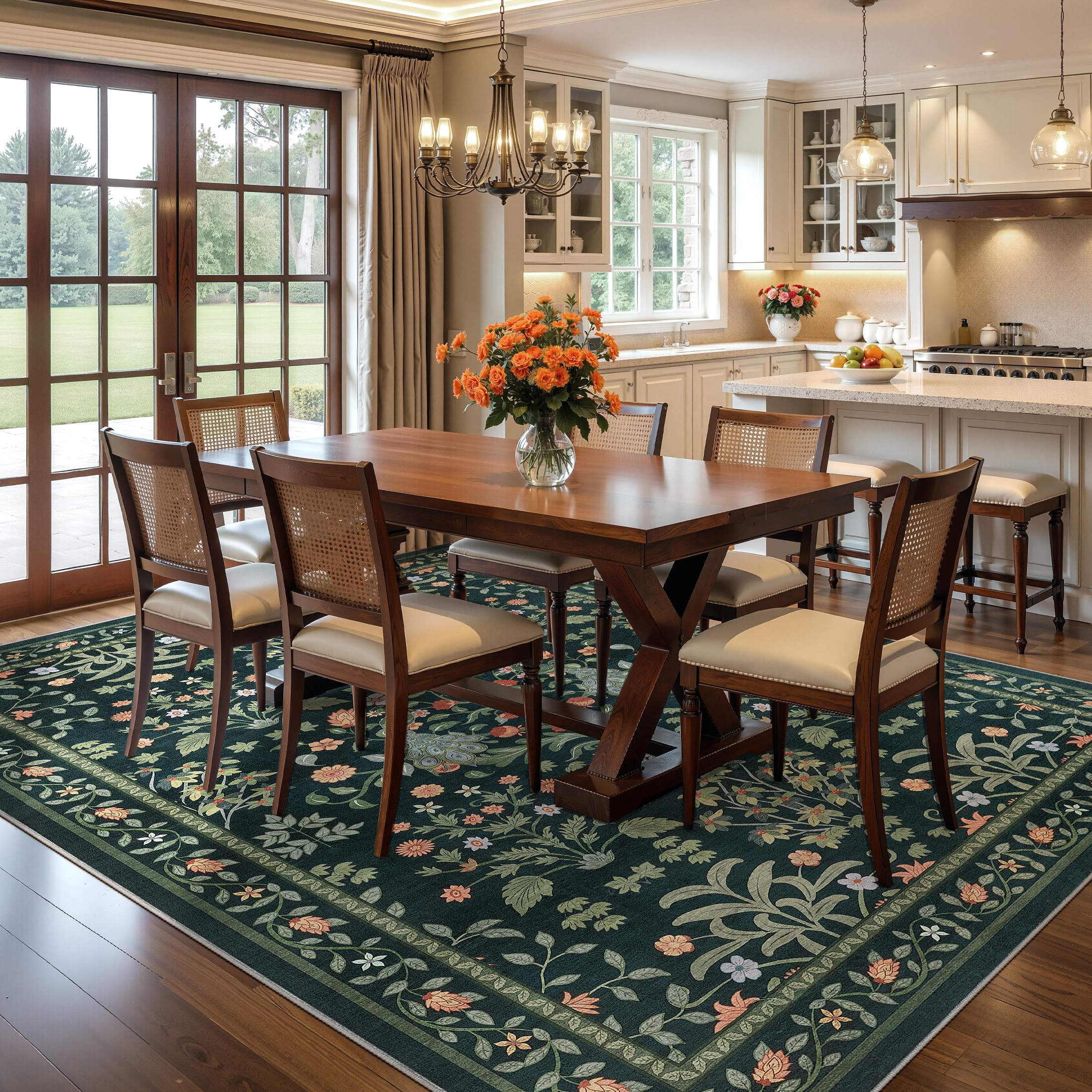 Micgeek Boho 9x12 Area Rugs for Living Room, Floral Non-Slip Washable Rug for Bedroom Home Decor Carpet, Farmhouse Dining Room Office Large Rugs, Dark Green