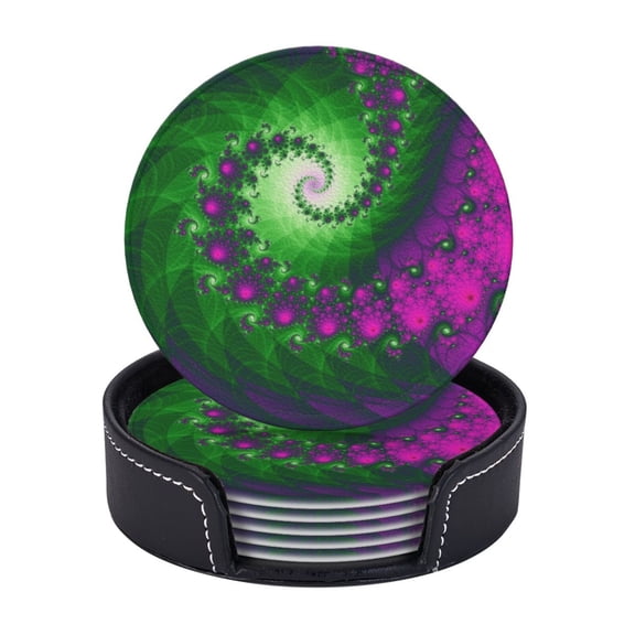 LNWH Coasters, Purple Green Fractal Spiral Leather Round Coasters Set of 6 for Kitchen Dining Room Living Room Bar - Tabletop Waterproof and Anti-scald
