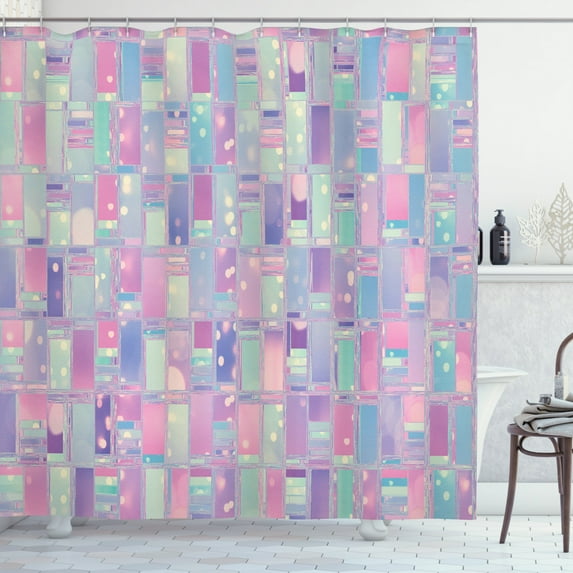 Glitch Shower Curtain, Digitally Generated Illustration of Abstract Squares Pastel Color, Fabric Bathroom Set with Hooks, 69W X 75L Inches Long, Lilac Ceil Blue Seafoam Rose, by Ambesonne