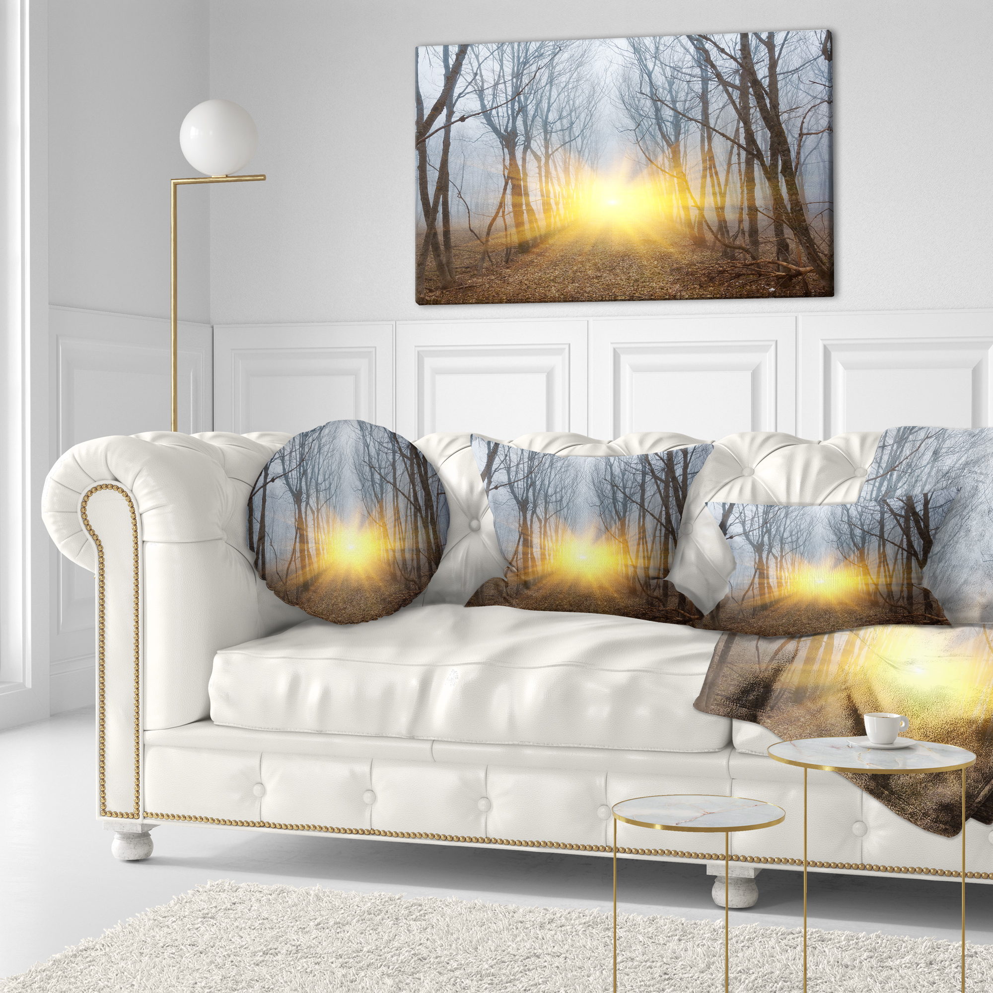 Designart Yellow Sun Rays in Misty Forest - Landscape Photography Throw Pillow - 12x20