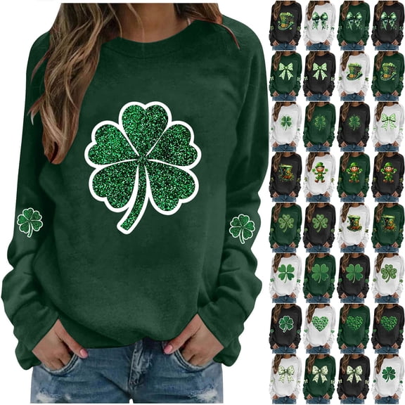 JTZGDY Womens St. Patrick's Day Sweatshirts Funny Green Shamrock Print Long Sleeve Crew Neck Graphic Holiday Tees Shirt Loose Oversized Casual Pullover Tops J-Green S