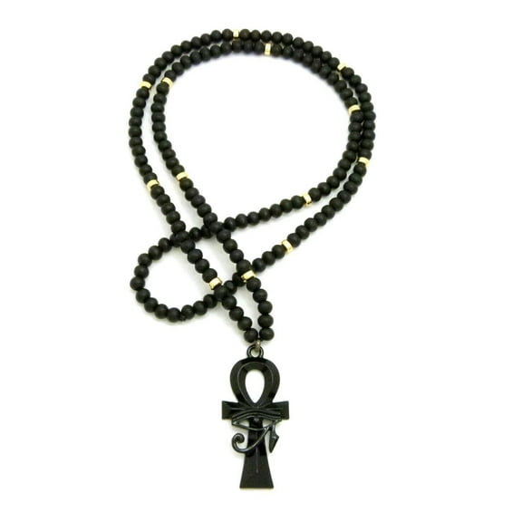 Egypt God Eye of Heru Ankh Pendant 6mm 30 inches Wooden Bead Necklace