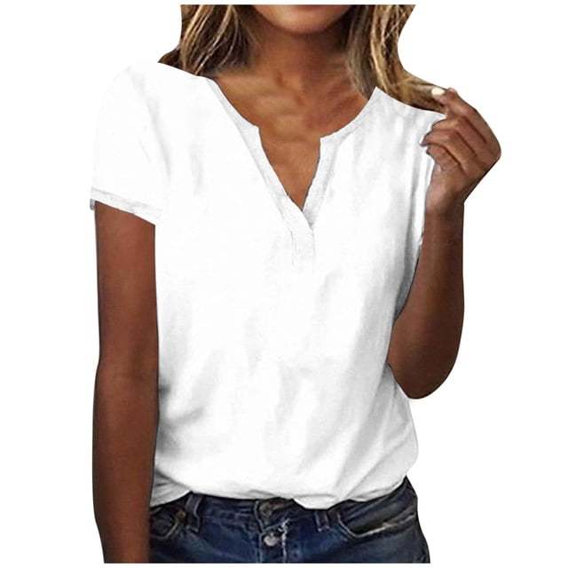 Timegard Tops for Women Drop Shoulder V Neck Short Sleeve Solid Color Comfy Tee Shirts Summer Casual