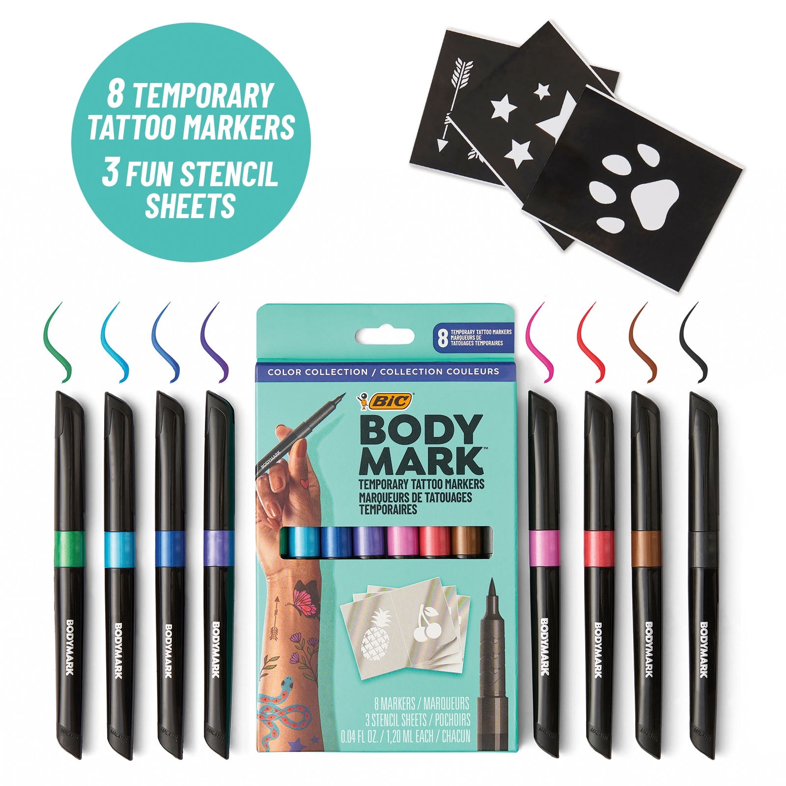 BIC BodyMark Temporary Tattoo Markers for Skin, Flexible Brush Tip, 8CT AST