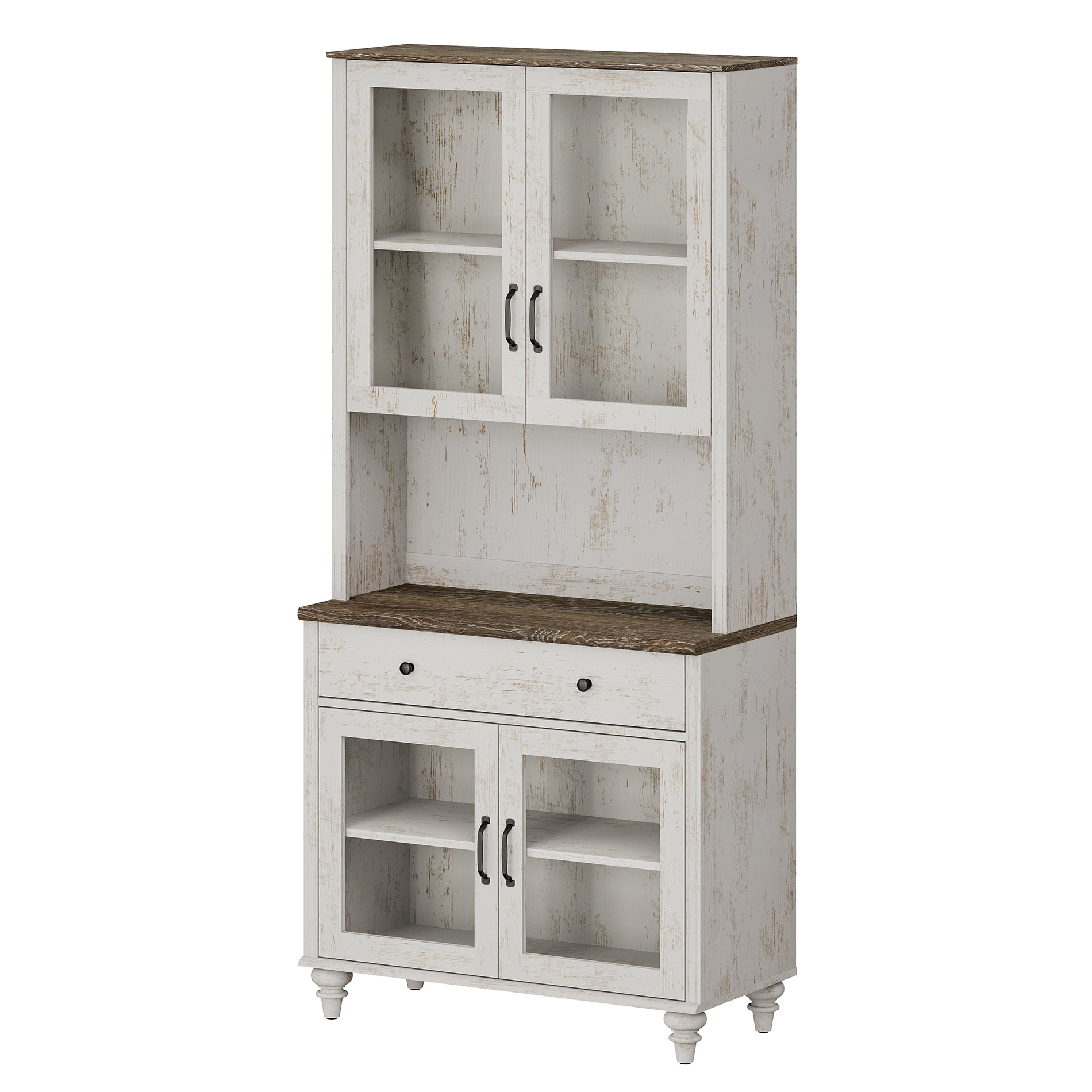 72"H x 33.9"W 5-Tier Farmhouse Wooden Bookcase, Display Bookshelf with Glass Doors, Roomy Storage Cabinet & Wood Drawer, Library Book Shelf for Living Room, Office, Kitchen, Rustic White
