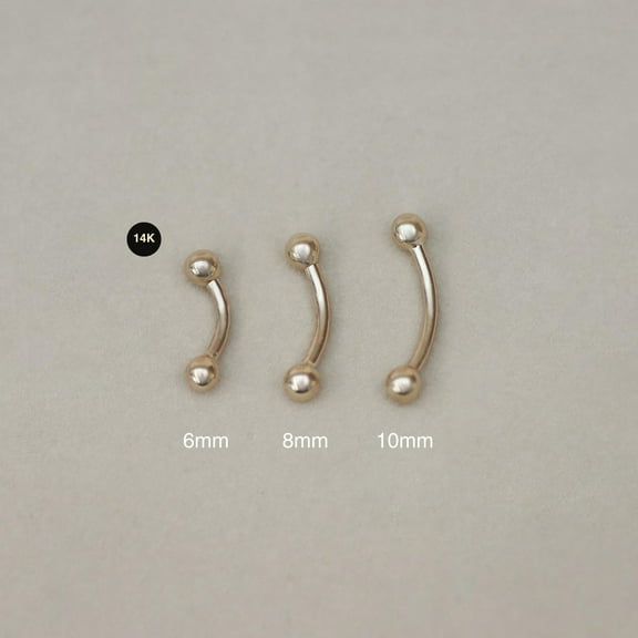 Anygolds 14K Real Solid Gold Plain Ball Curved Barbell, 16G