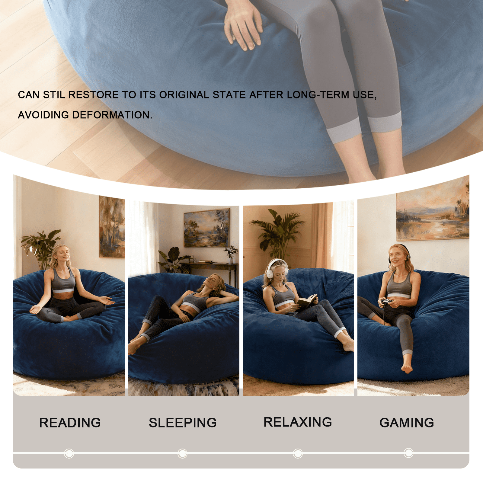 Sanae 6FT Large Bean Bag Chair, Memory Foam Sofa With Washable Suede Cover & Reinforced Zipper, For Adults And Kids, Living Room & Bedroom, Blue