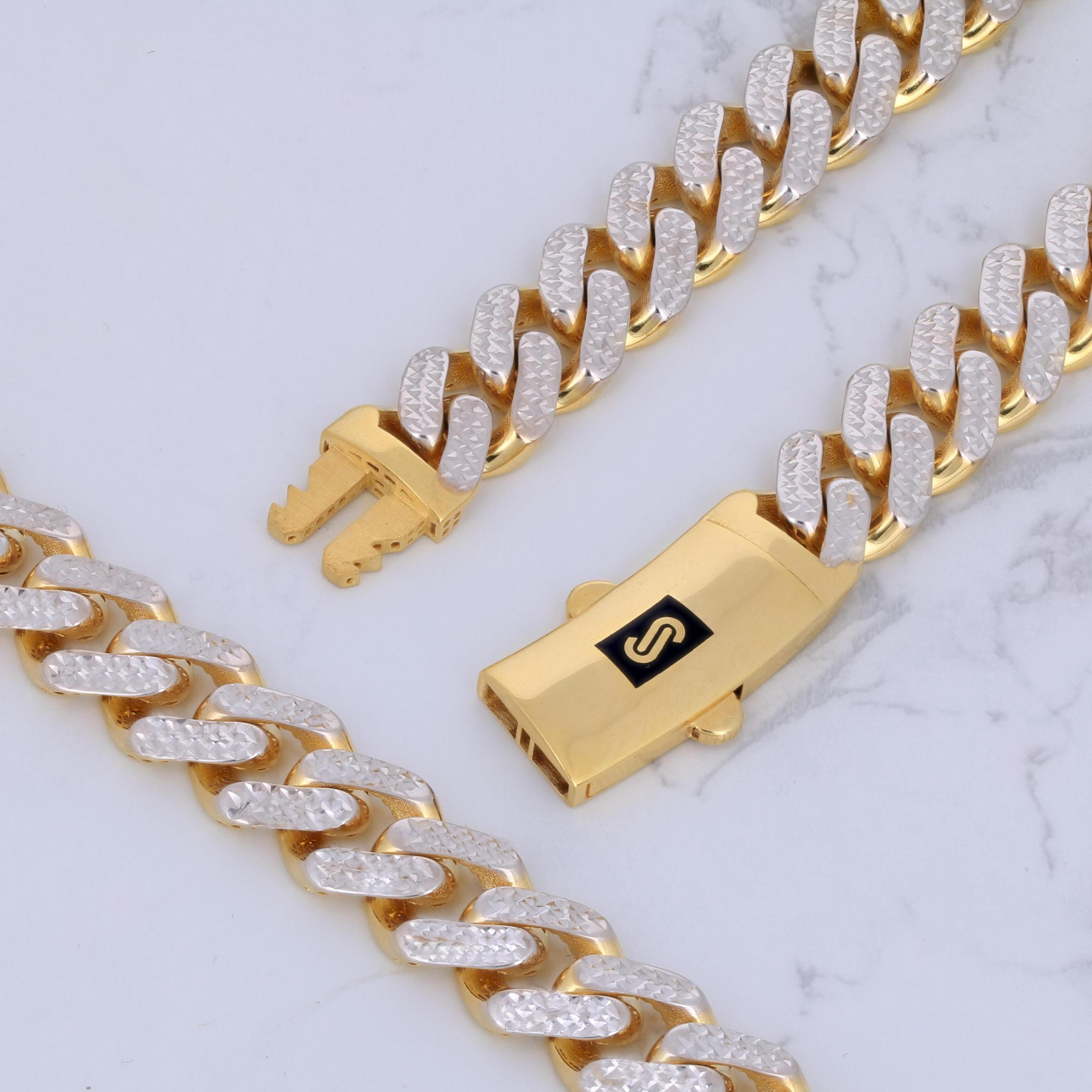 Nuragold 10k Real Yellow Gold Royal Monaco 11mm Miami Cuban Diamond Cut Pave Link Necklace (18"-30") Two Tone Italian Jewelry for Men