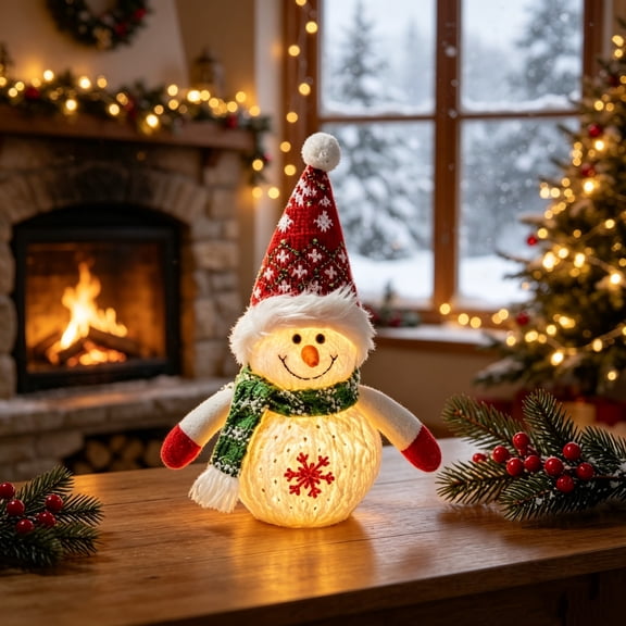 Christmas Decorations - Light Up Christmas Plush Snowmen Doll, Lighted Snowman Figurine for Tabletop Mantel Window Decor