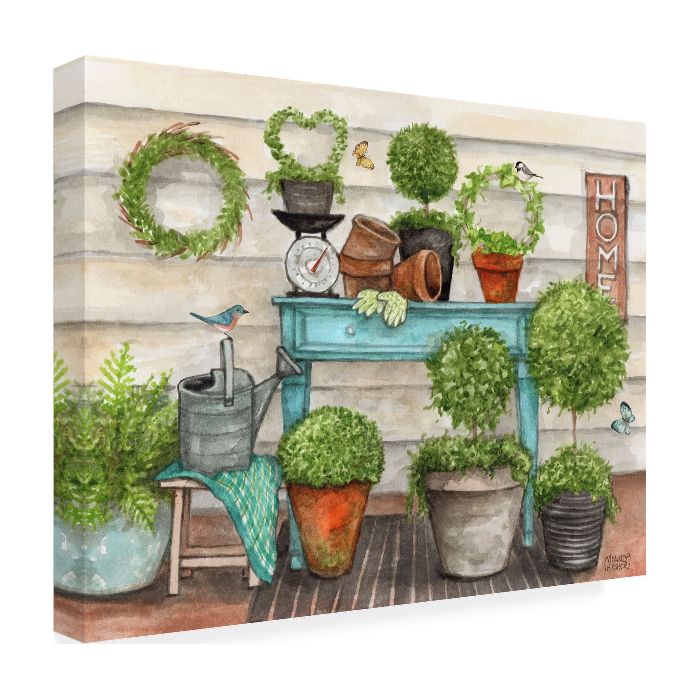 Canvas Wall Art - Melinda Hipsher 'Potted Plants With Birds and Butterflies' Wall Art for Living Room, Bedroom, or Office DÃ©cor by Trademark Fine Art - 24 x 18 Inches