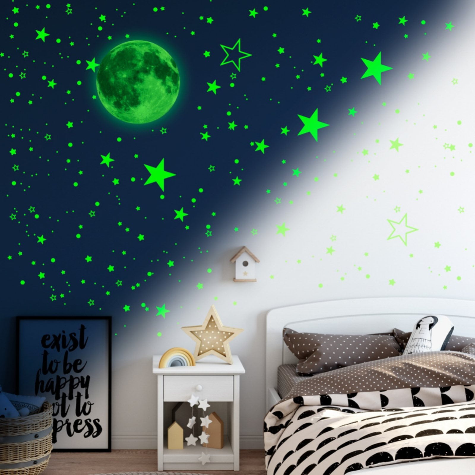 24 x Glow In The Dark Plastic Stars Moon Fun Ceiling Wall Art Space Stickers 