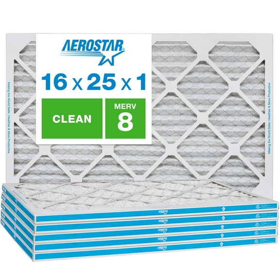 Aerostar 16x25x1 MERV 8 Pleated Air Filter, AC Furnace HVAC, 6 Pack