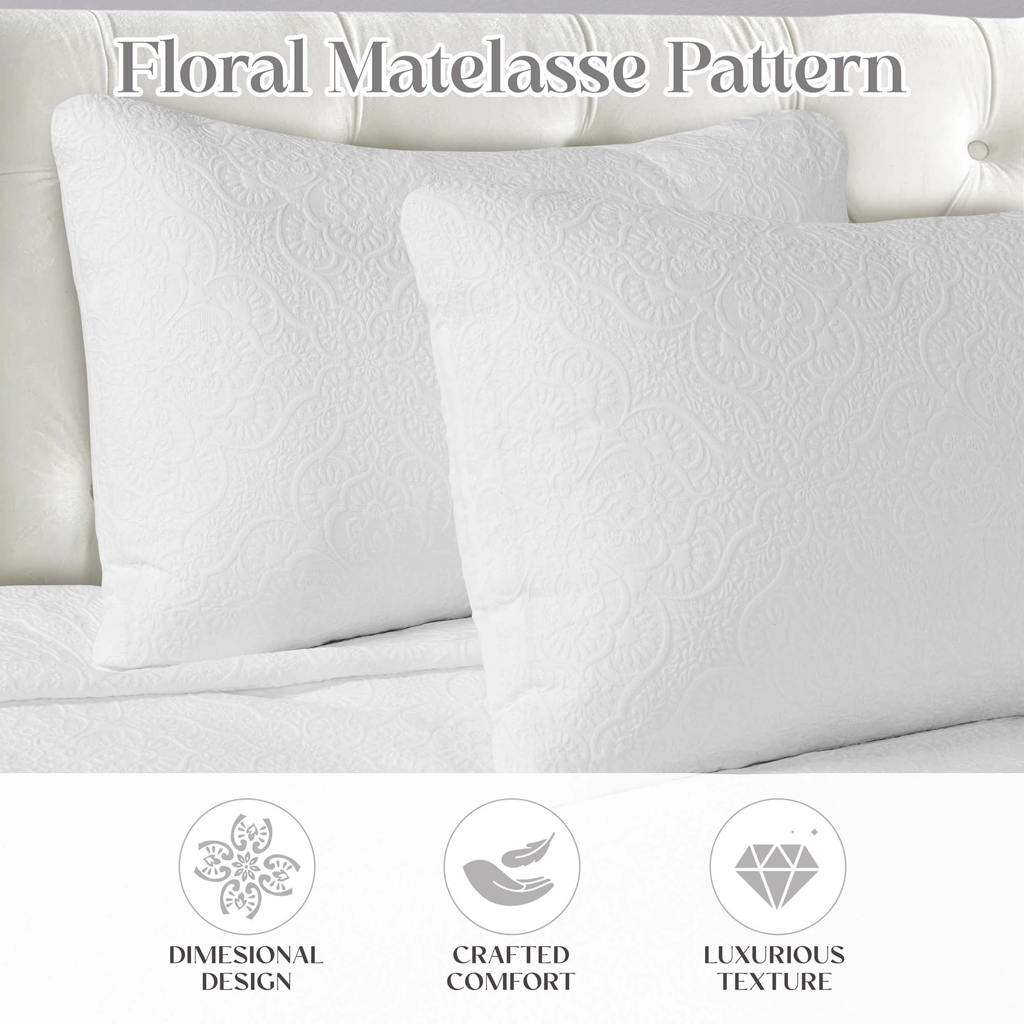 Superior Enzy Floral Matelasse Bedspread and Sham Set, 3-Piece Soft Textured Jacquard Bedspreads, Full, White