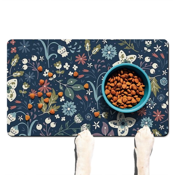 Boho Floral Pet Placemat - Abstract Floral Watercolor Design, Waterproof Dog Feeding Mat with Anti-Slip Rubber Base